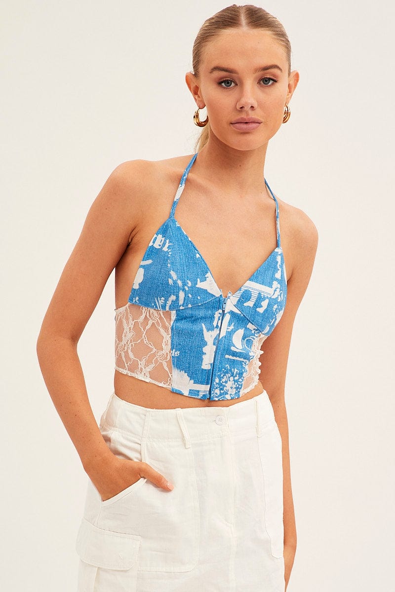 Blue Lace Up Back Patchwork Denim Top