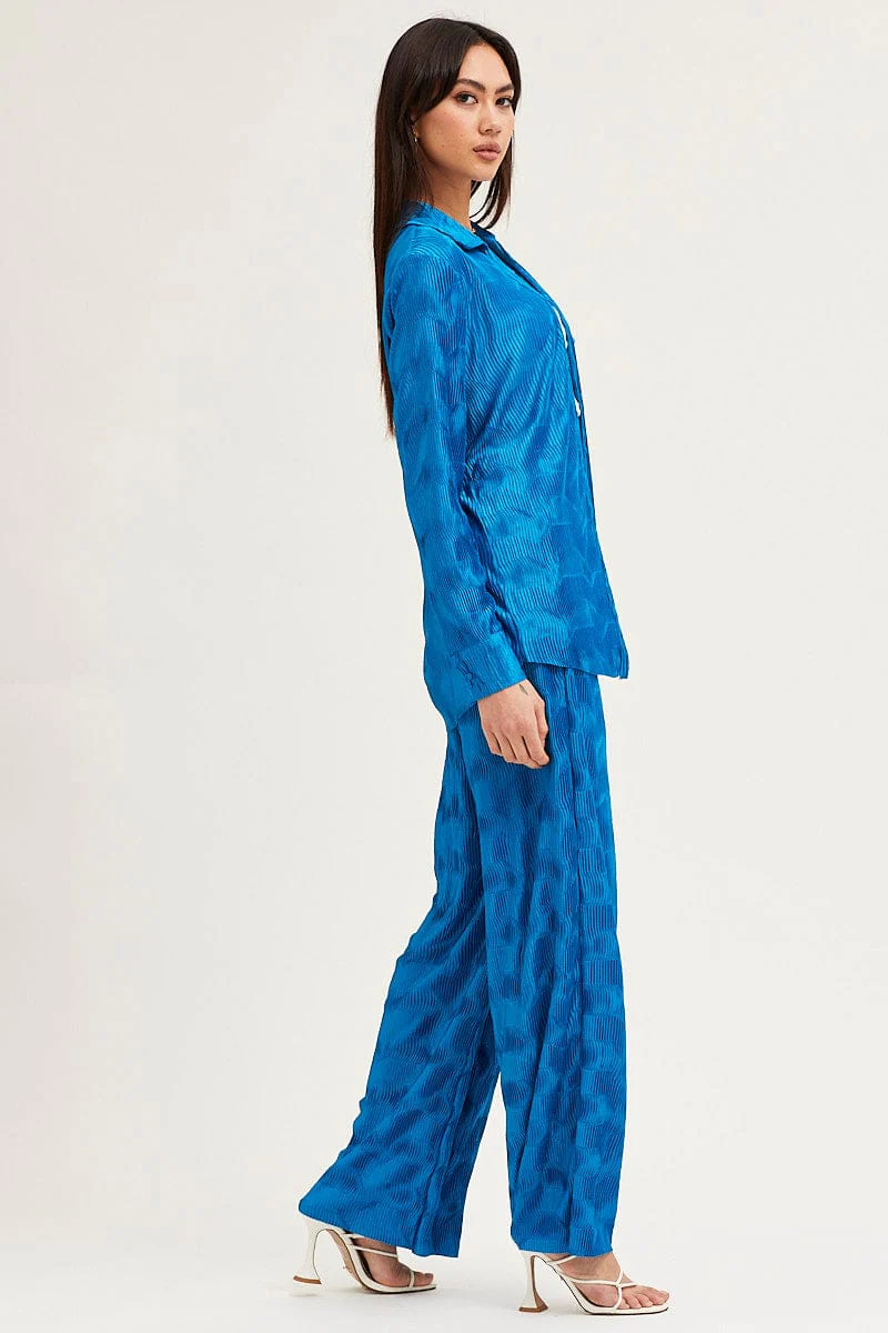 Blue Long Sleeve Plisse Shirt - Image 4