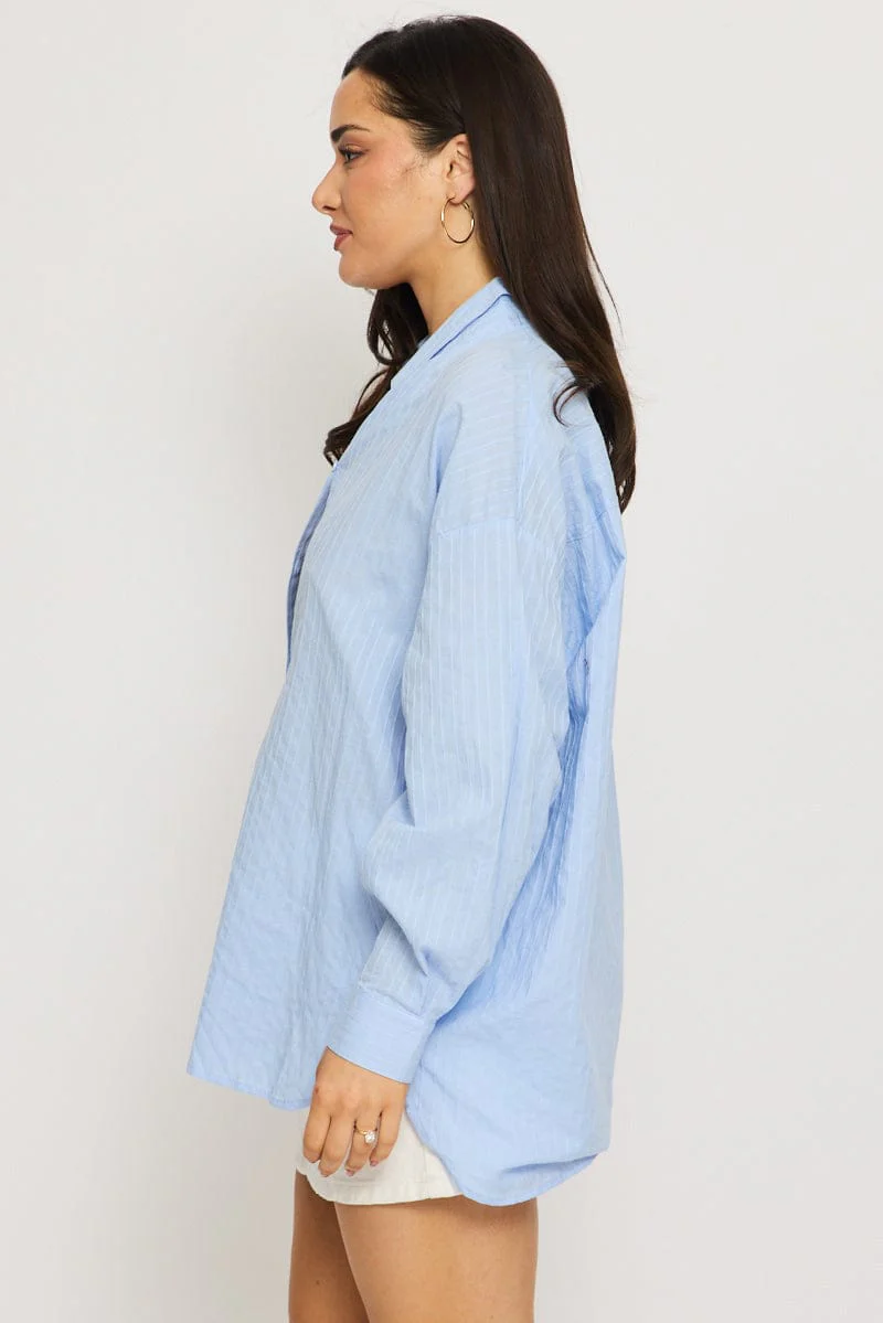 Blue Long Sleeve Shirt Button Up Collared Self-striped - Image 4