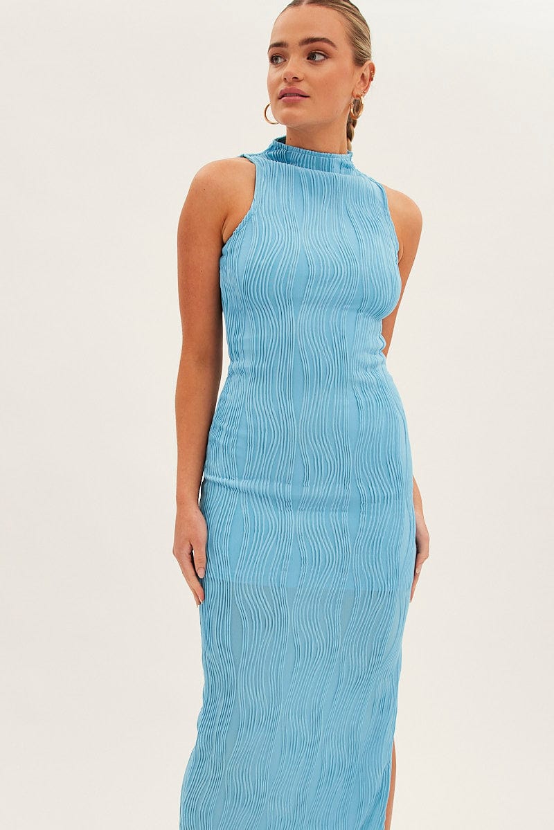 Blue Maxi Dress High Neck Sleeveless - Image 2