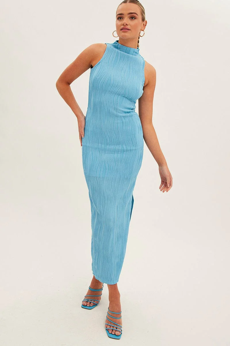 Blue Maxi Dress High Neck Sleeveless - Image 3