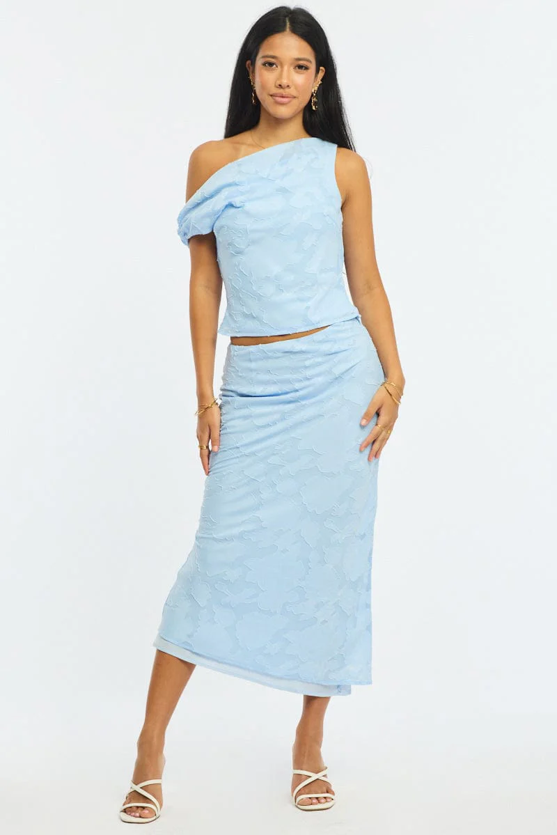 Blue Maxi Skirt High Rise Textured Lined