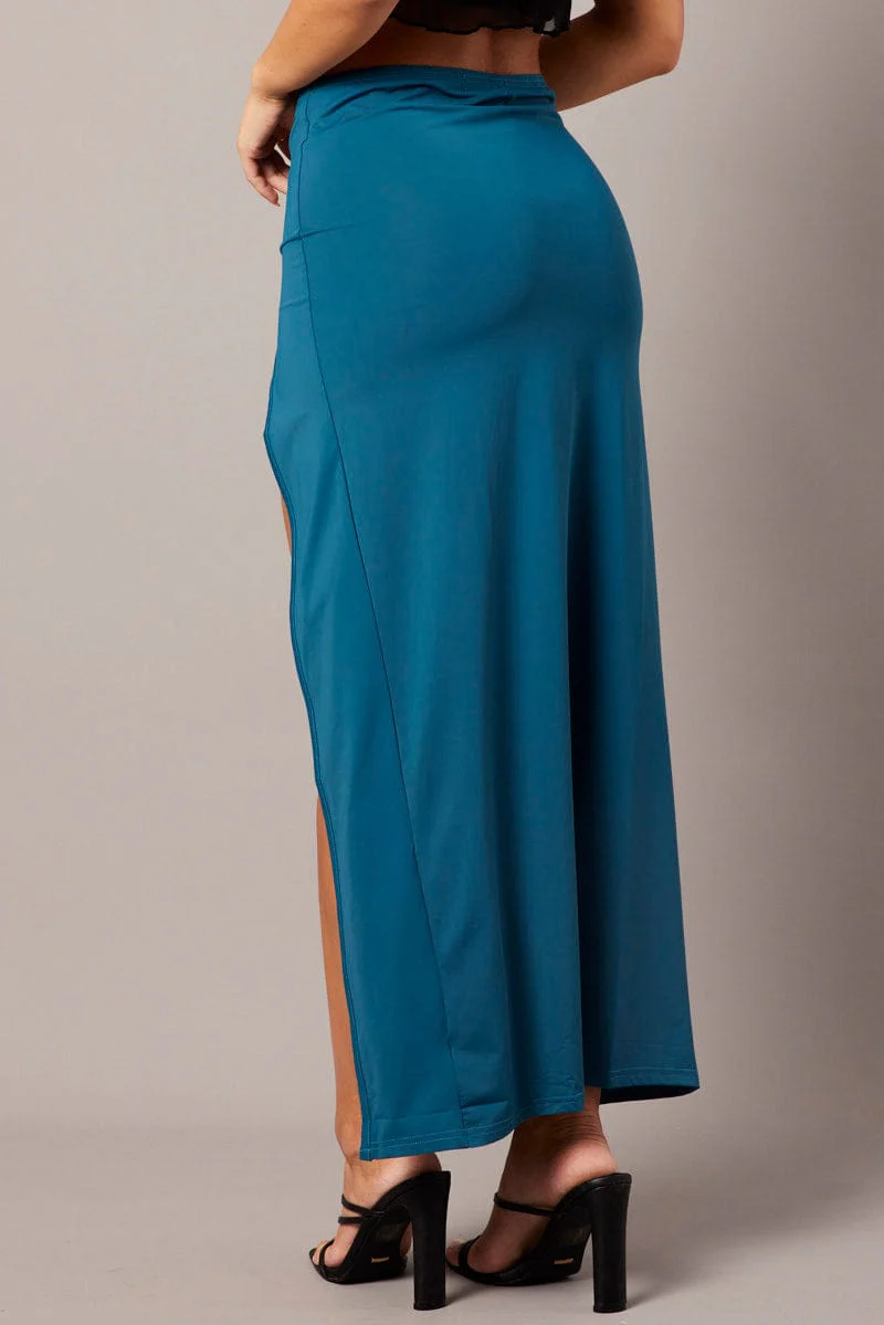 Blue Maxi Skirt Mid Rise Split Nylon - Image 5