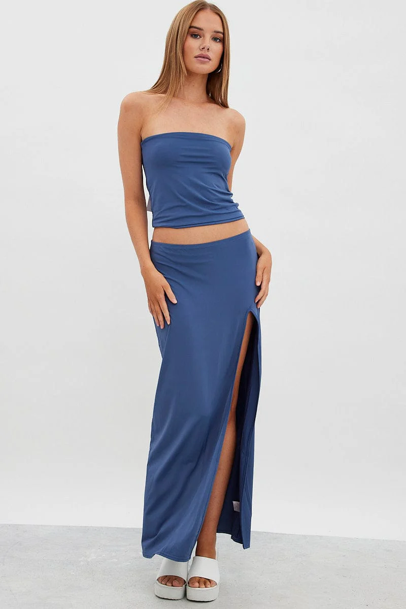 Blue Maxi Skirt Mid Rise Split Nylon - Image 3