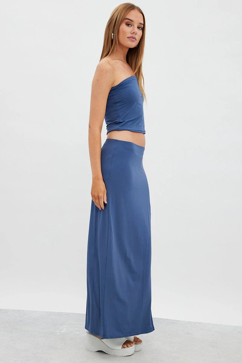 Blue Maxi Skirt Mid Rise Split Nylon - Image 4