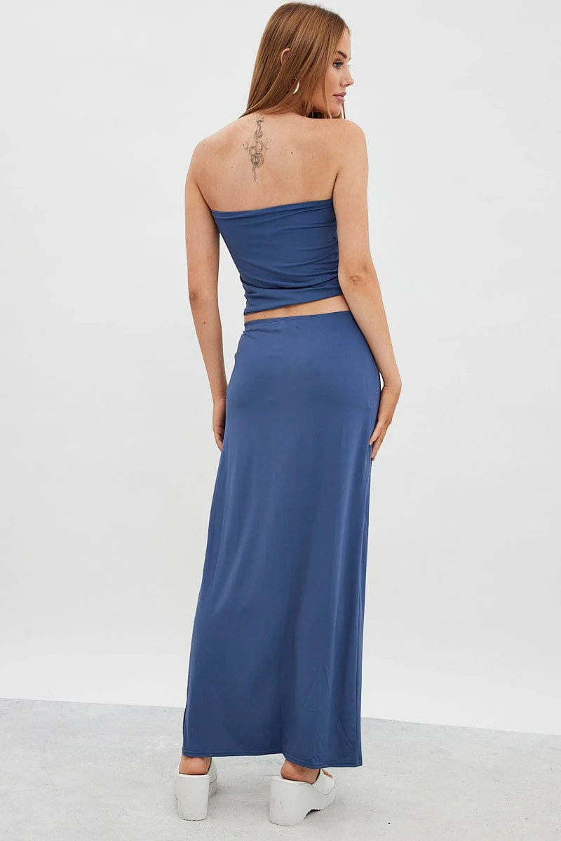 Blue Maxi Skirt Mid Rise Split Nylon - Image 5
