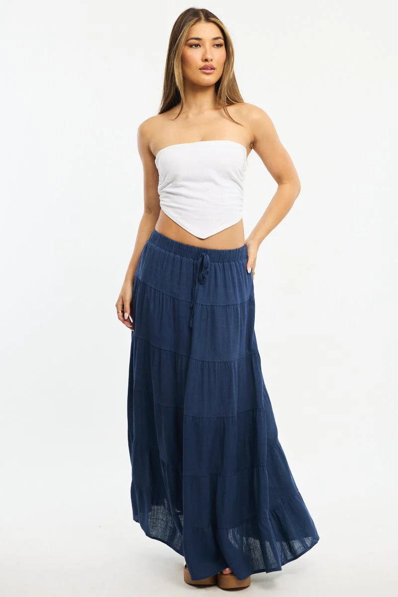 Blue Maxi Skirt Tiered High Rise Linen Blend