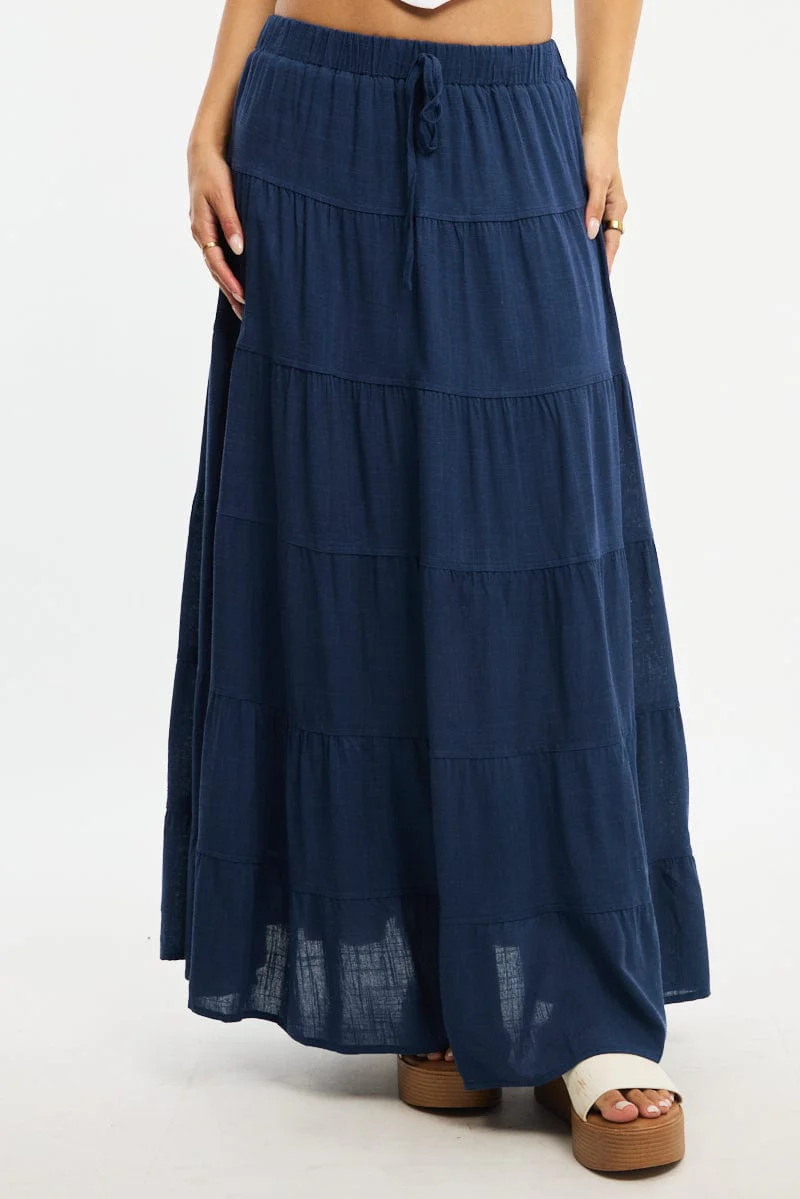 Blue Maxi Skirt Tiered High Rise Linen Blend - Image 2