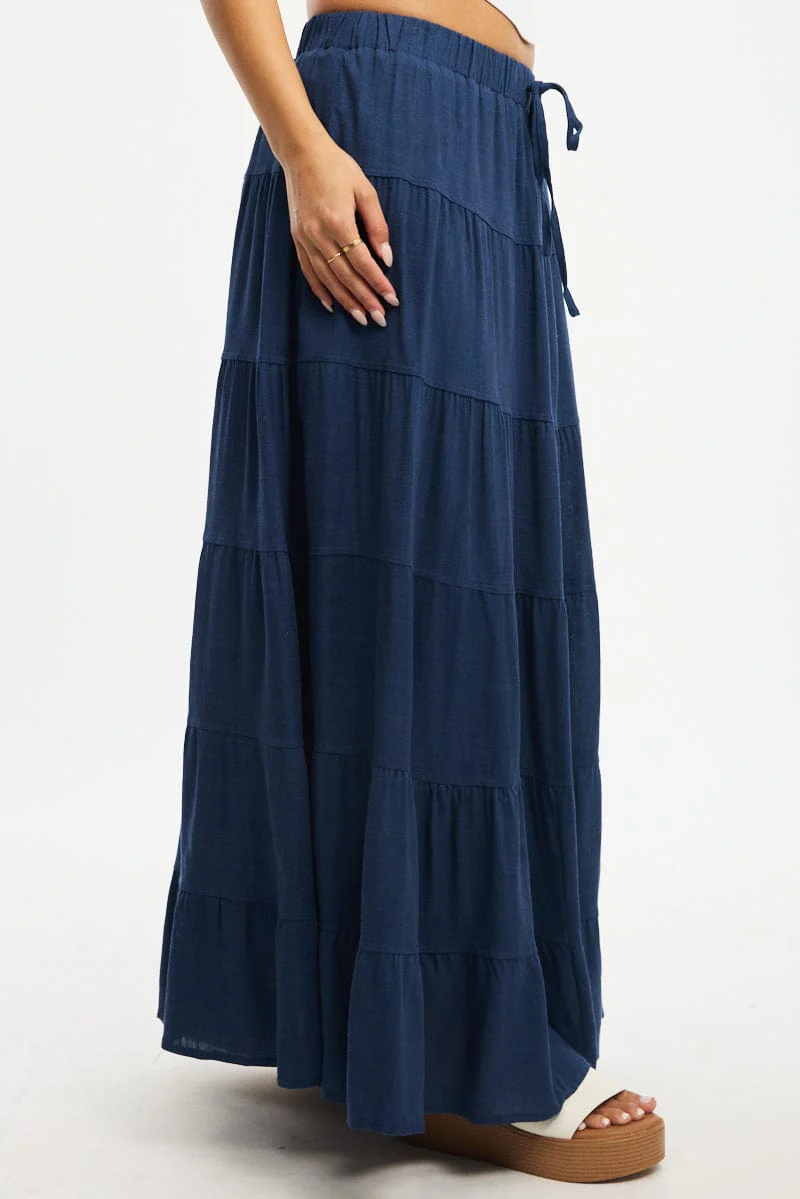 Blue Maxi Skirt Tiered High Rise Linen Blend - Image 3