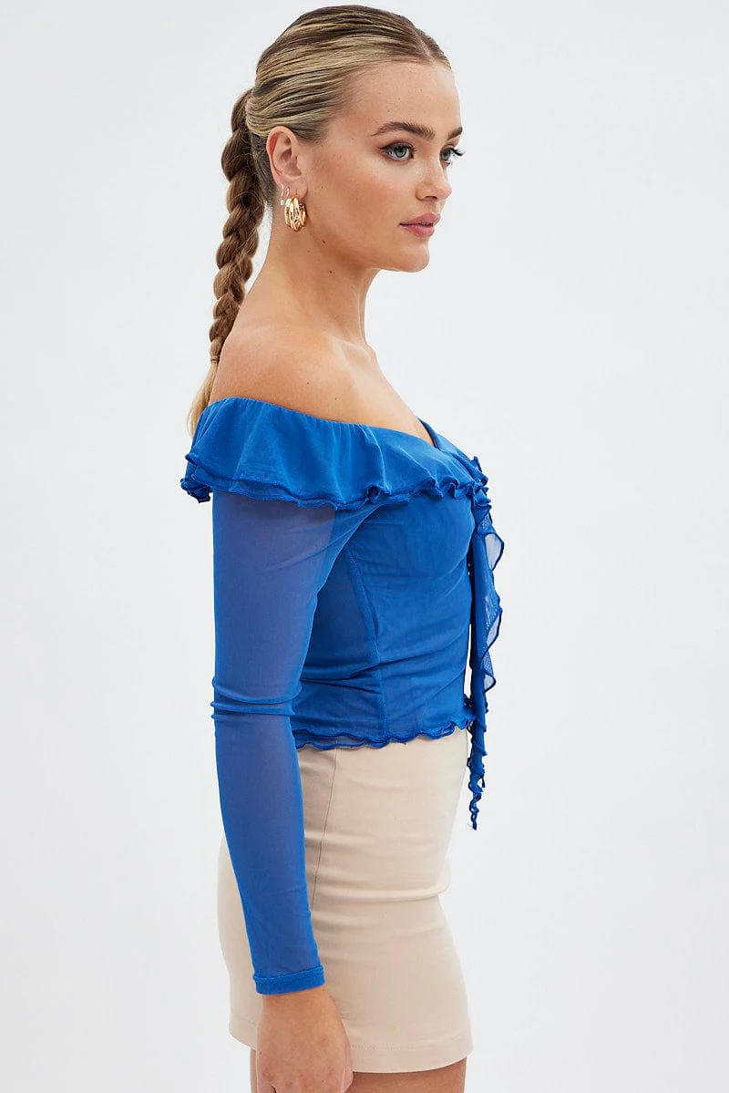 Blue Mesh Top Long Sleeve Off Shoulder Frill Lined - Image 4