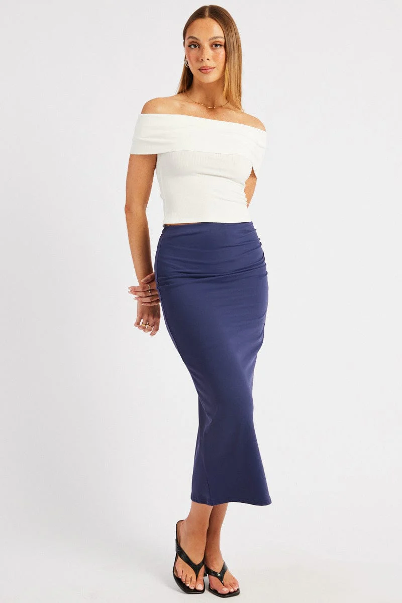 Blue Midaxi Skirt High Rise Ruched Lined Supersoft - Image 2