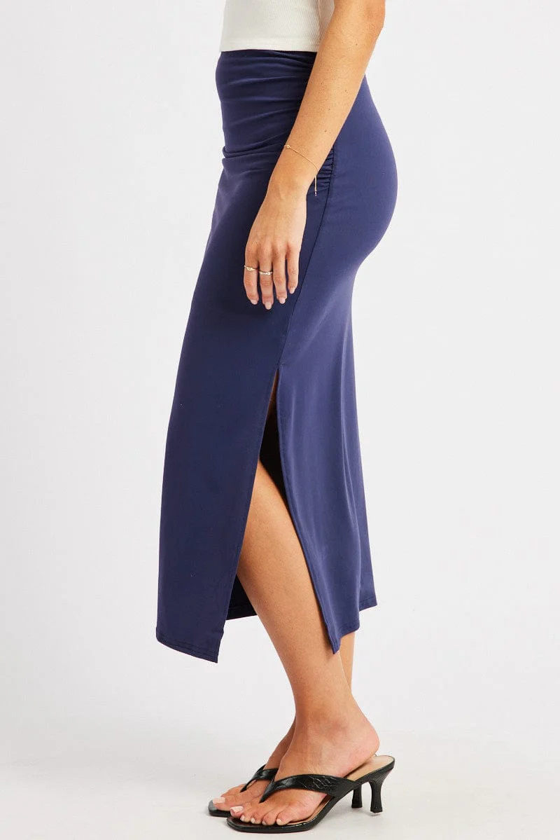 Blue Midaxi Skirt High Rise Ruched Lined Supersoft - Image 4