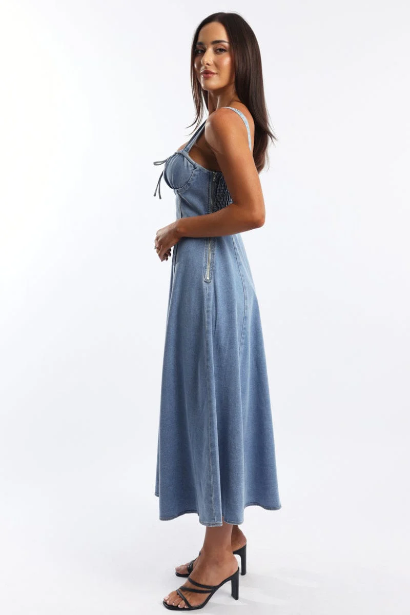 Blue Midi Dress Gathered Bust - Image 3