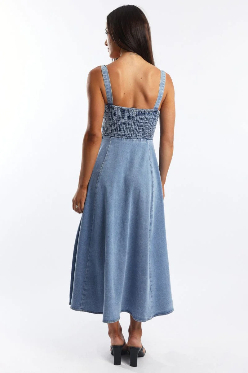 Blue Midi Dress Gathered Bust - Image 4