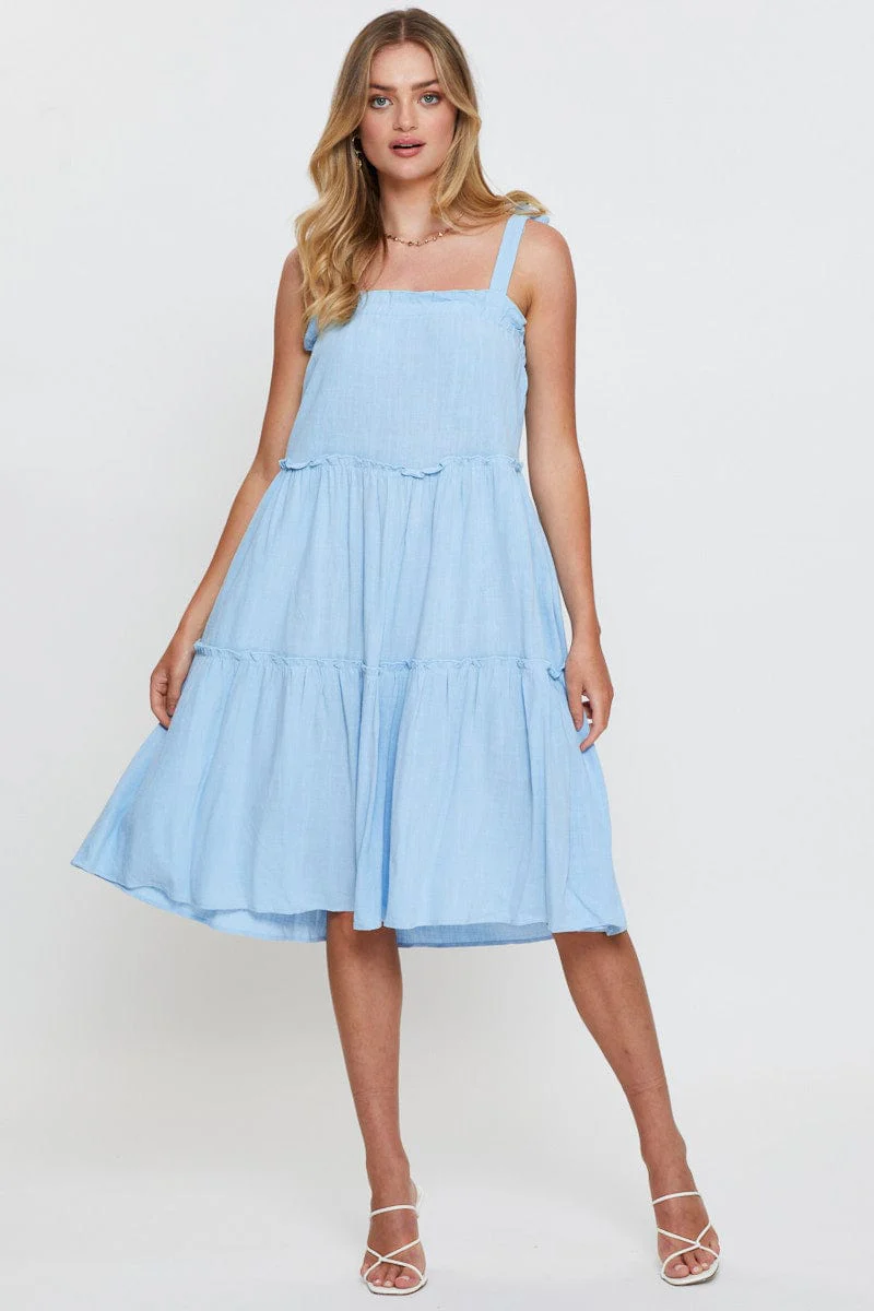 Blue Midi Dress Sleeveless Tie Shoulder - Image 2