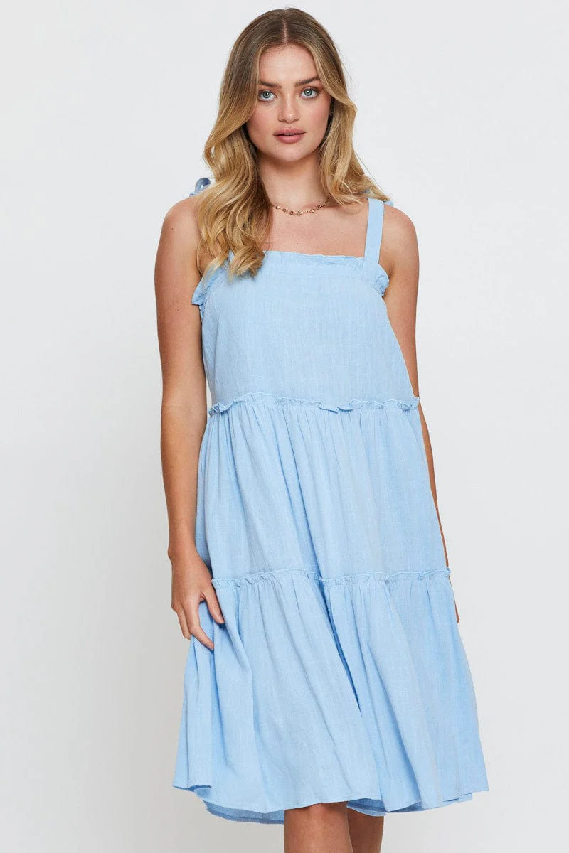 Blue Midi Dress Sleeveless Tie Shoulder - Image 3