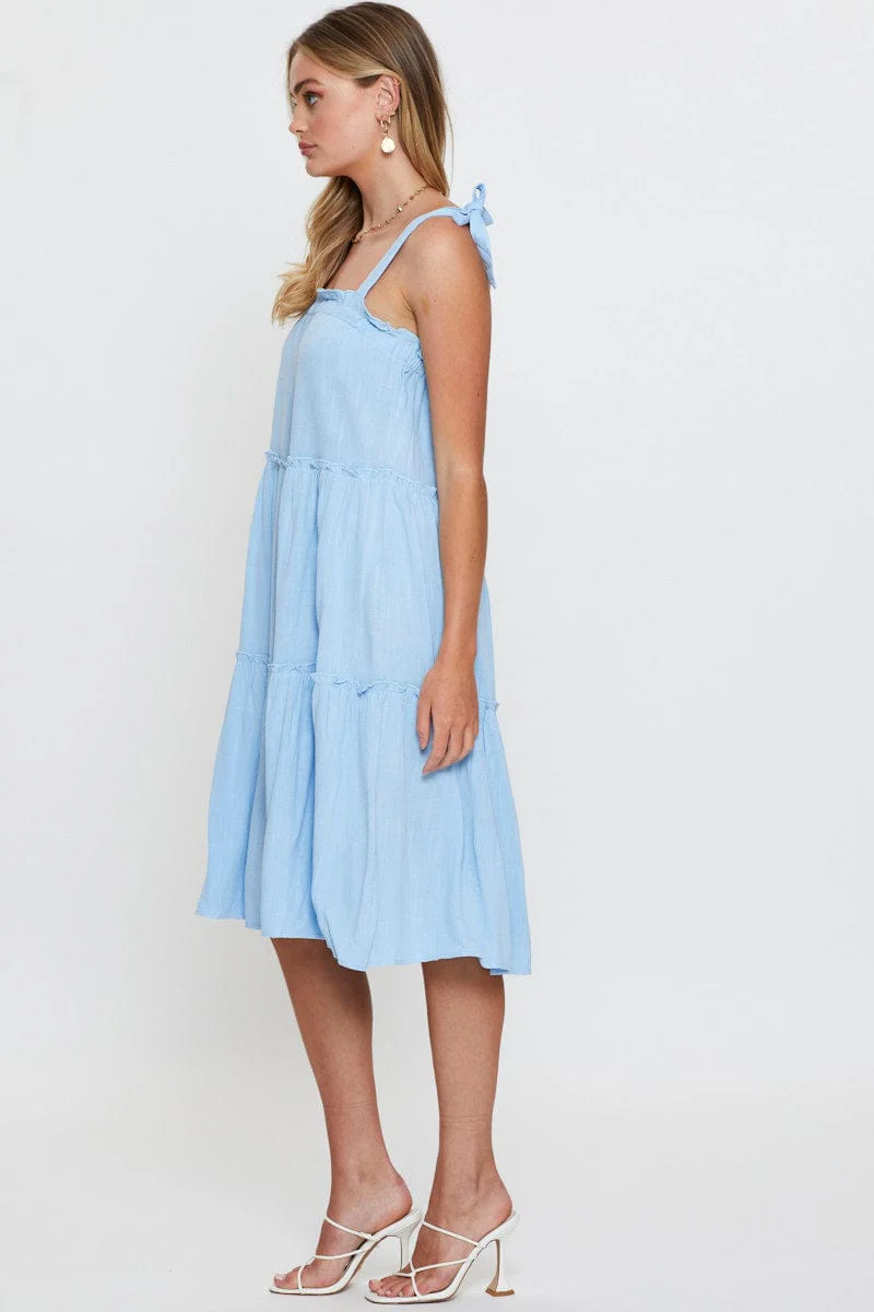 Blue Midi Dress Sleeveless Tie Shoulder - Image 4