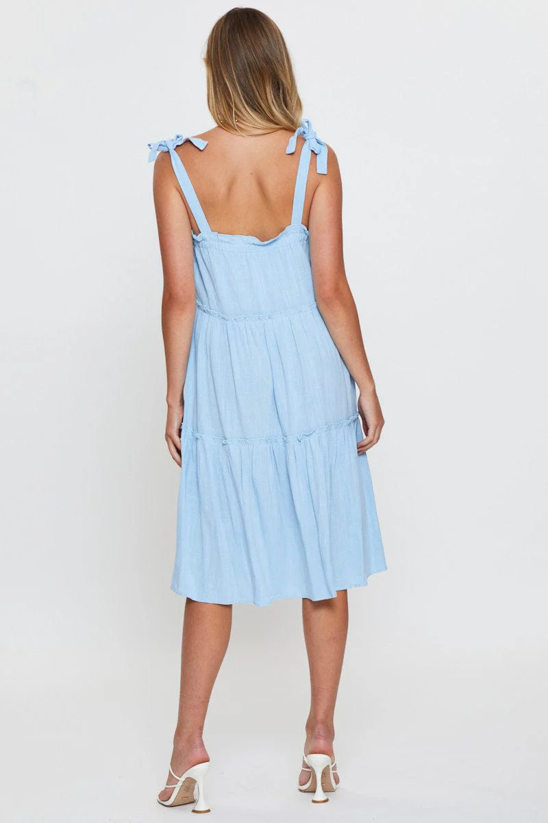 Blue Midi Dress Sleeveless Tie Shoulder - Image 5
