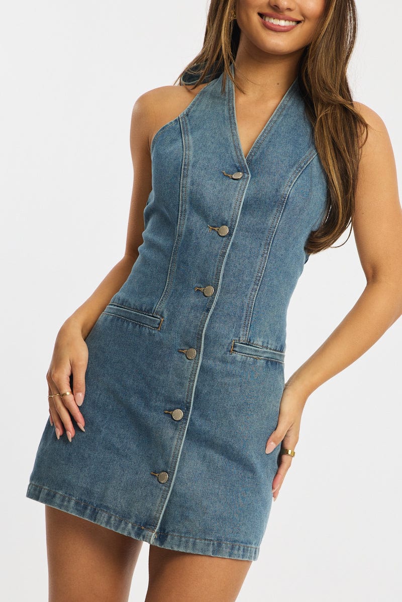 Blue Mini Dress Button Down Halter Neck - Image 6