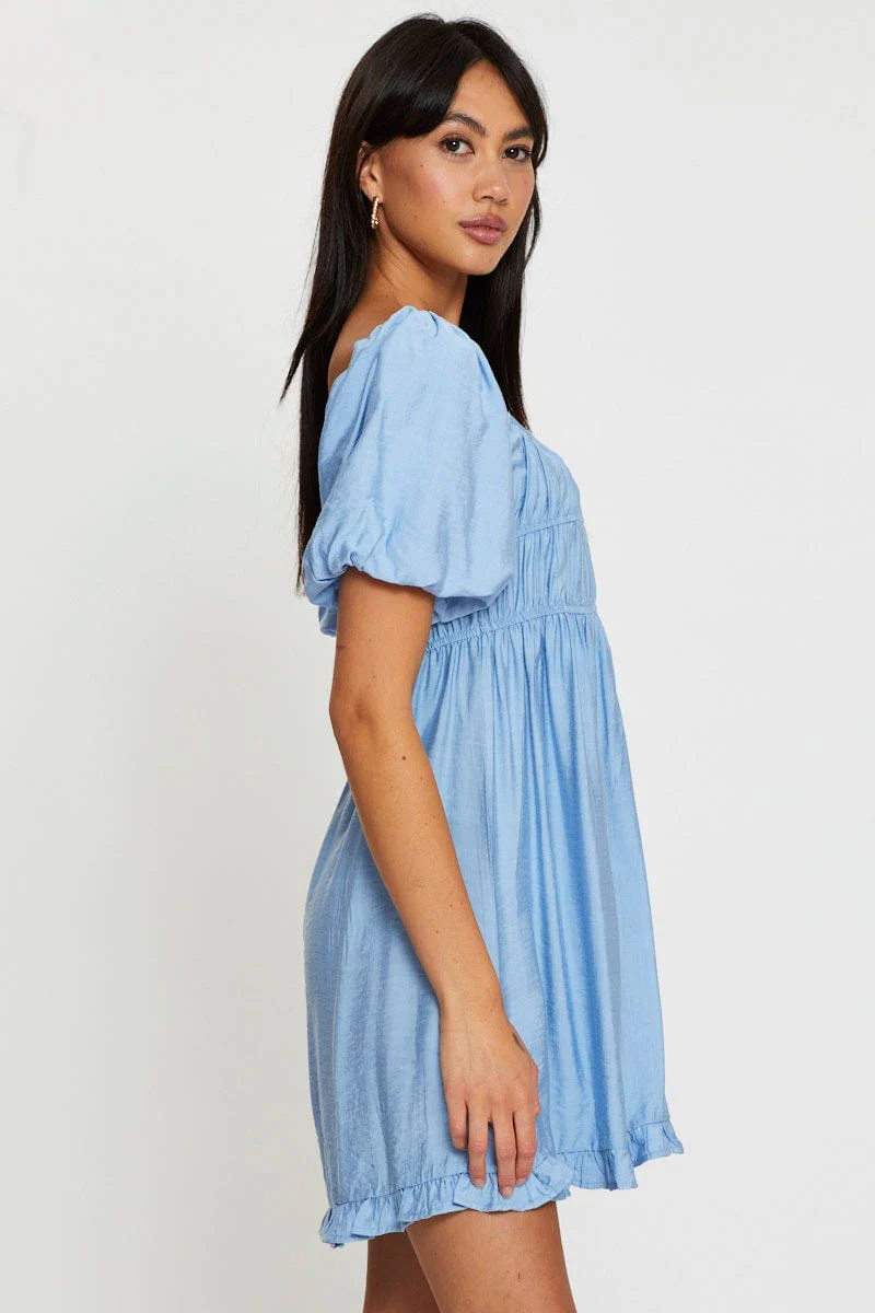 Blue Mini Dress Short Sleeve Evening - Image 4