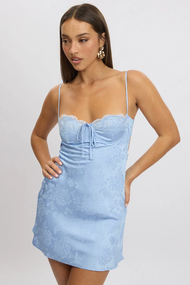 Blue Mini Dress Tie Back Jacquard Fabric - Image 3