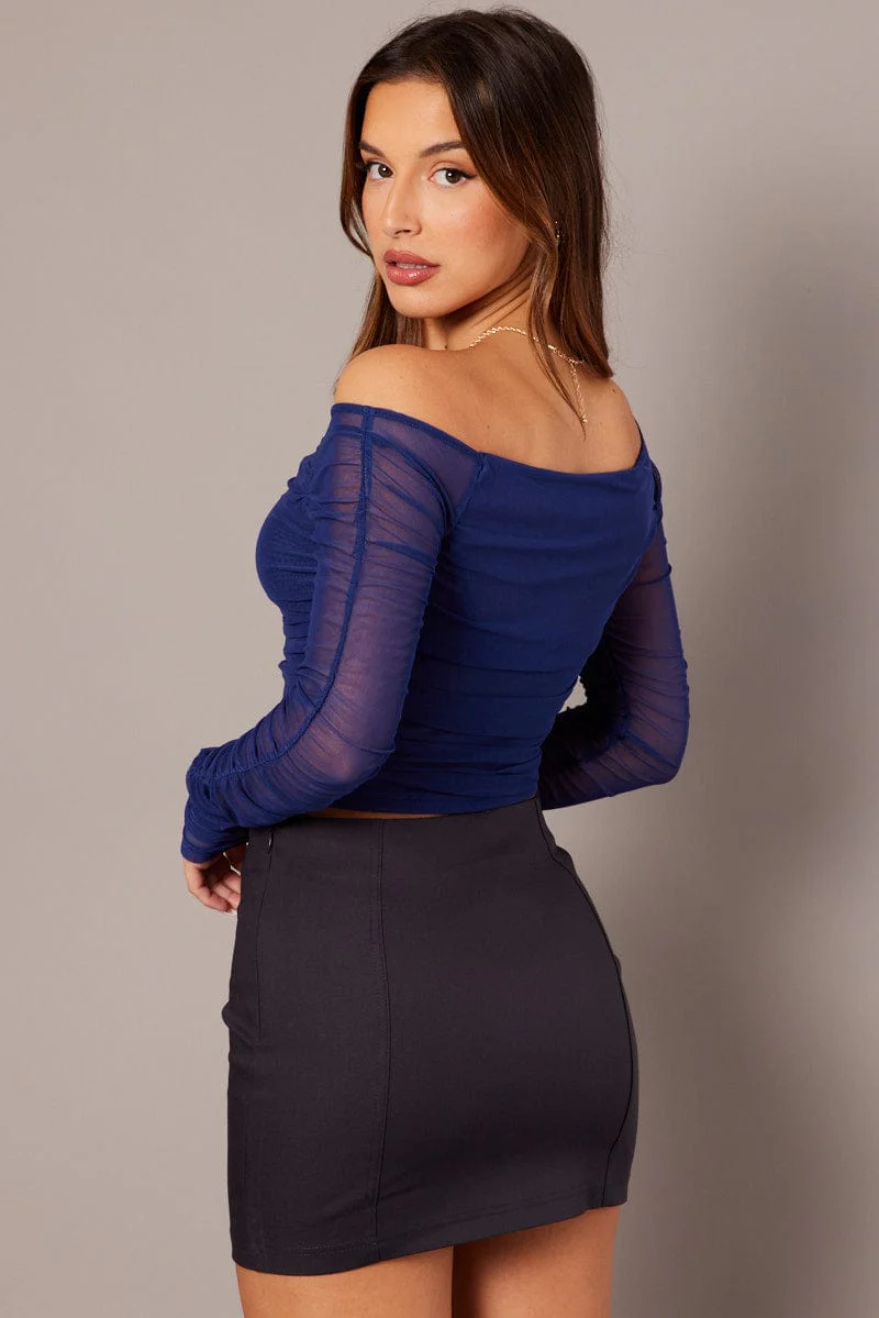 Blue Off Shoulder Top Long Sleeve Mesh - Image 5