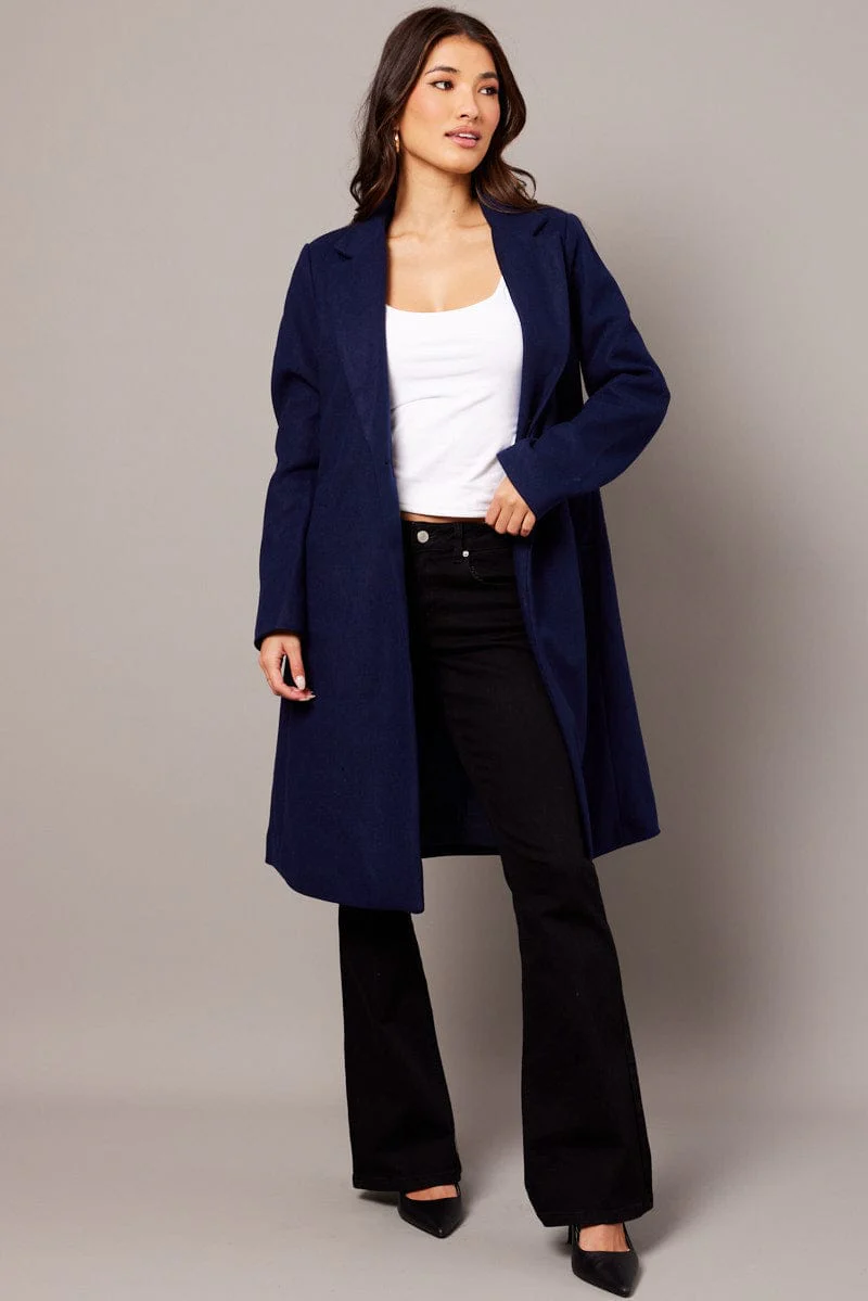 Blue One Button Coat Knee Length - Image 2