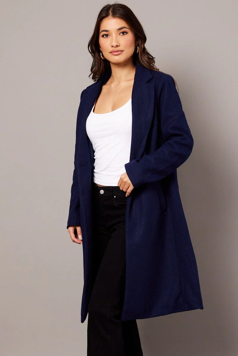 Blue One Button Coat Knee Length - Image 4