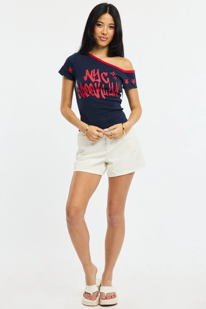 Blue One Shoulder Graphic Tee - Image 2
