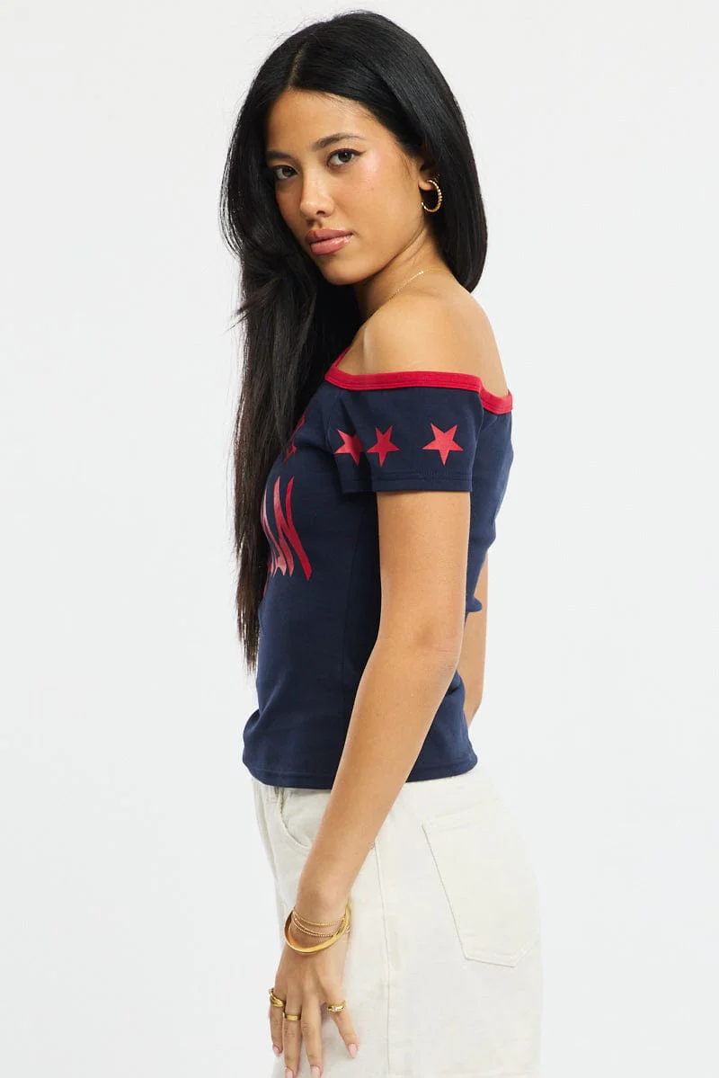 Blue One Shoulder Graphic Tee - Image 3