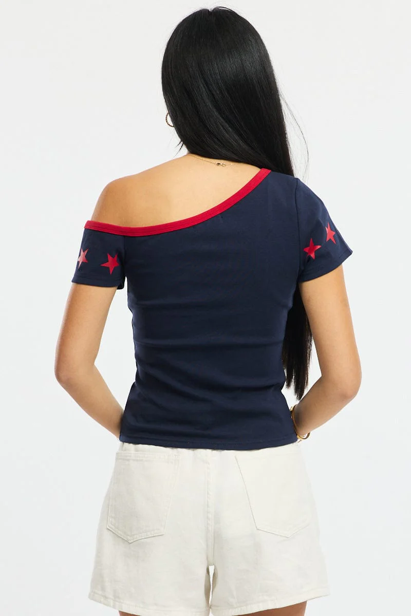 Blue One Shoulder Graphic Tee - Image 4
