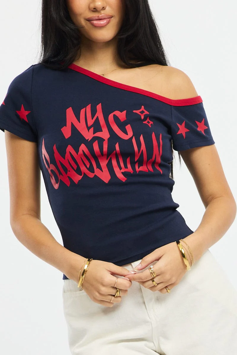 Blue One Shoulder Graphic Tee - Image 5
