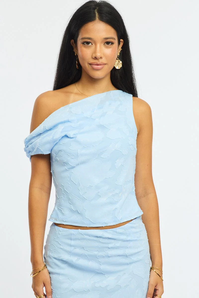 Blue One Shoulder Top Sleeveless Asymmetric Textured