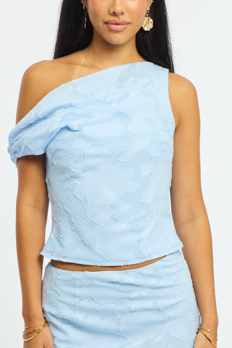 Blue One Shoulder Top Sleeveless Asymmetric Textured - Image 5