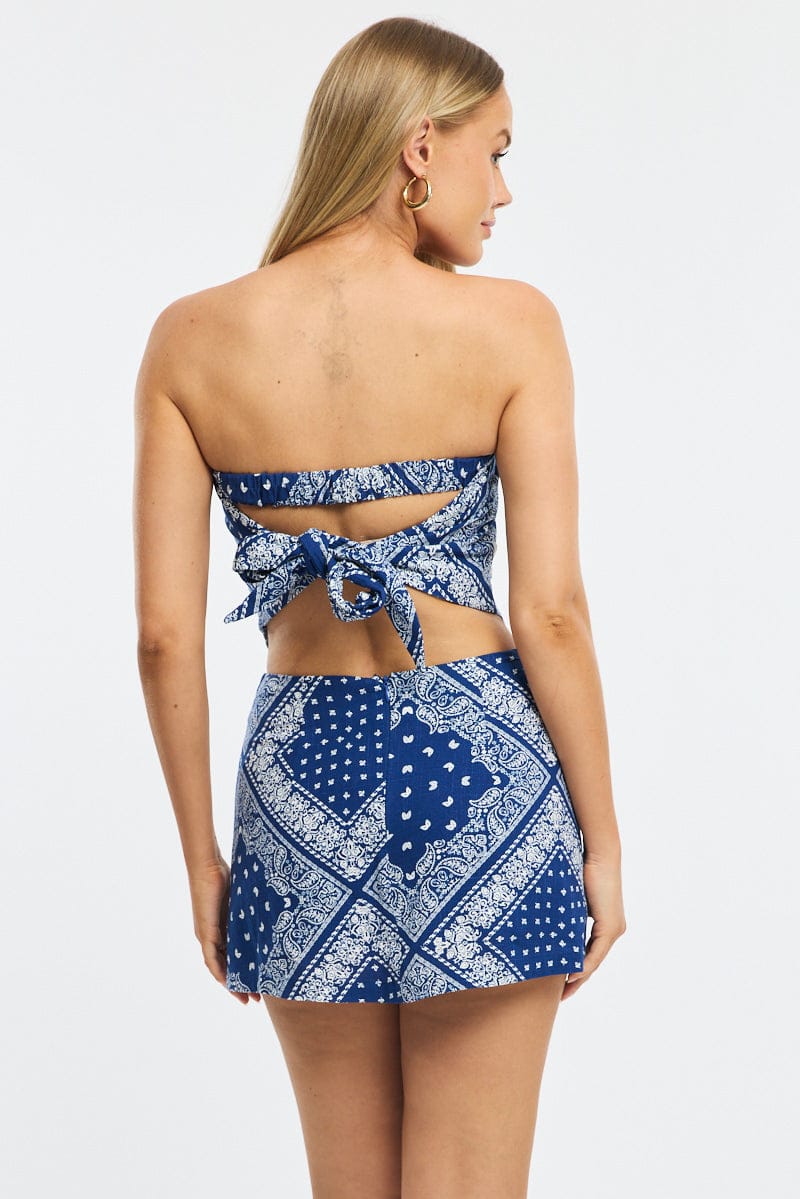 Blue Paisley Linen Blend Mini Skort High Rise Shorts Lined - Image 5