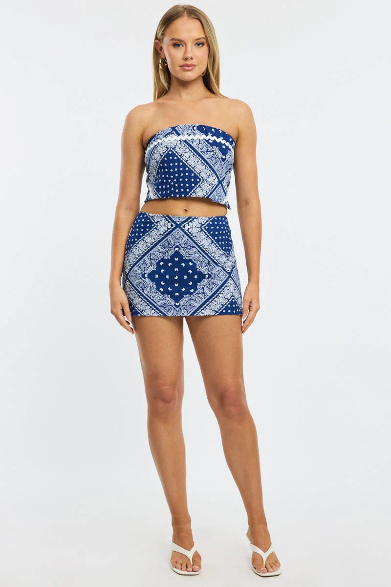 Blue Paisley Scarf Top Sleeveless Bandeau Linen Blend Ric Rac - Image 2