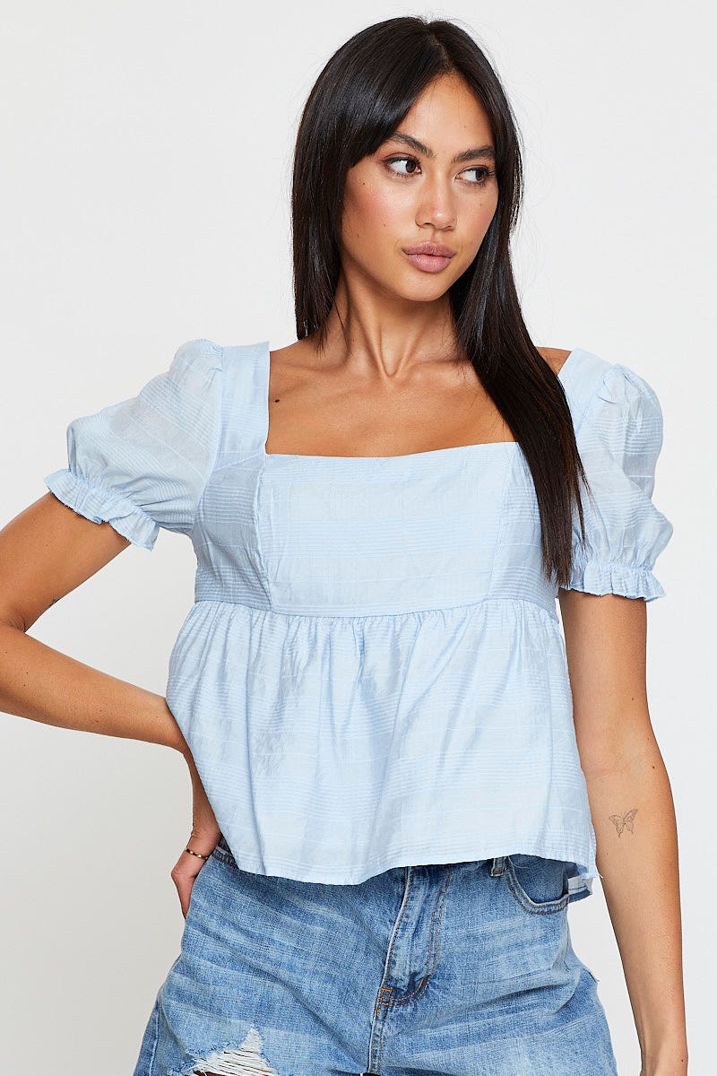Blue Peplum Top Short Sleeve - Image 3