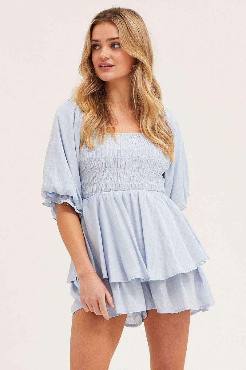 Blue Playsuit Short Sleeve Square Neck - Image 3