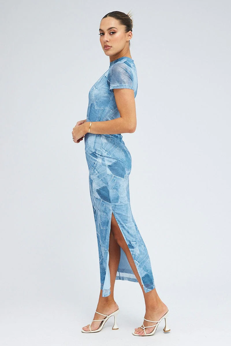 Blue Print Maxi Dress Short Sleeve Crew Neck Bodycon Mesh - Image 4