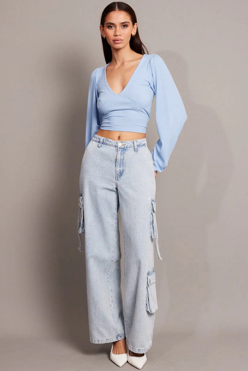 Blue Puff Sleeve Top Long Sleeve V Neck - Image 2