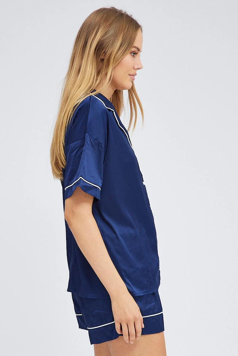 Blue Pyjama Set Short Sleeve Satin Piping PJ - Image 4