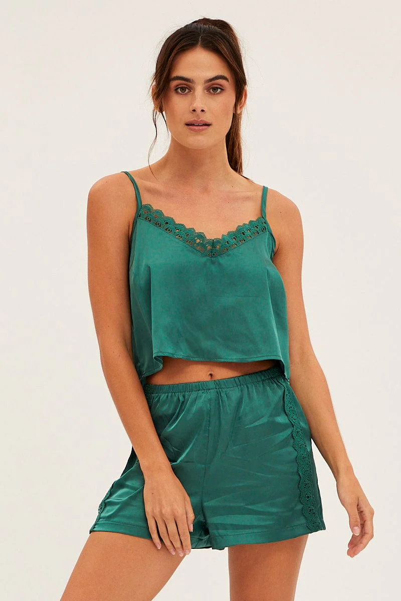 Teal Pyjamas Set Sleeveless Cami Shorts Satin - Image 3
