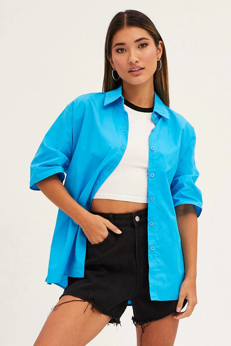 Blue Relaxed Fit Shirt Short Sleeve Collared Longline - Image 3