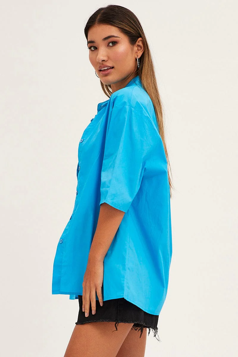 Blue Relaxed Fit Shirt Short Sleeve Collared Longline - Image 4