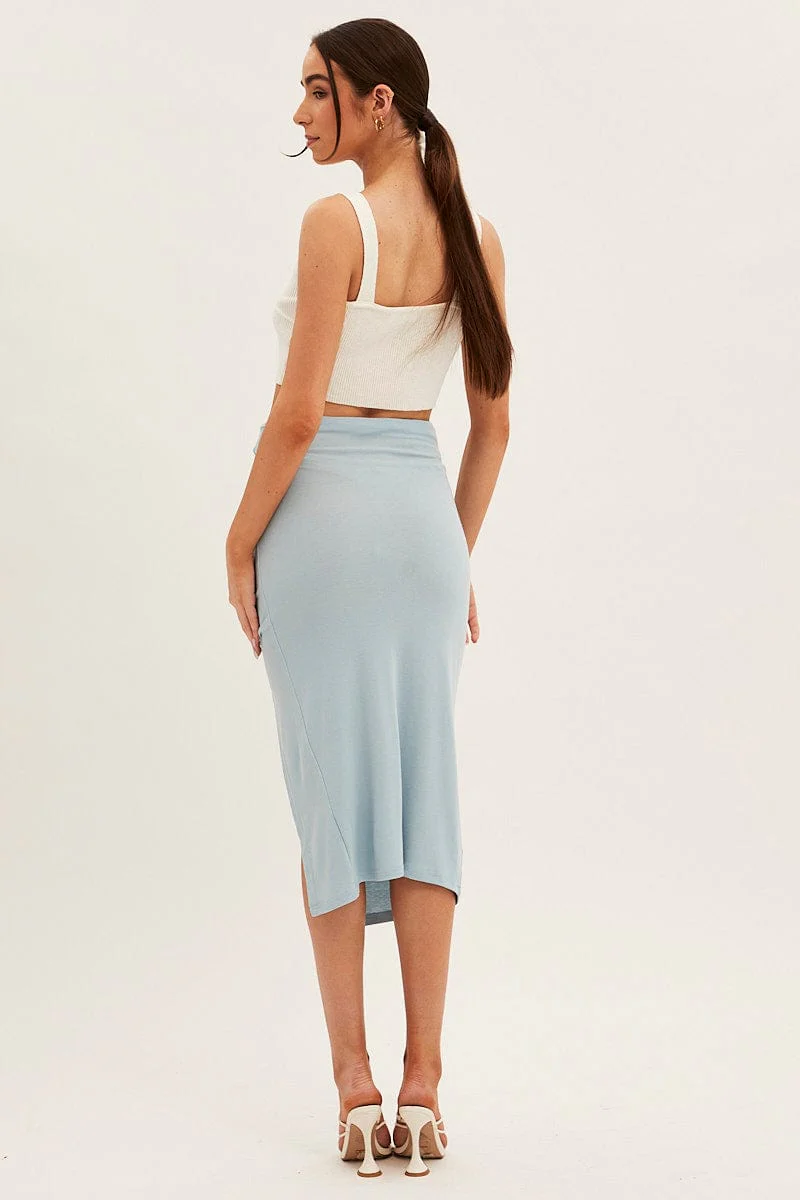 Blue Rib Front Slit Skinny Skirt - Image 5