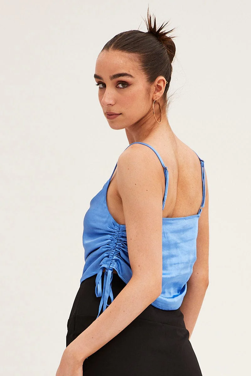 Blue Ruched Cami Top Sleeveless Cowl Neck - Image 5