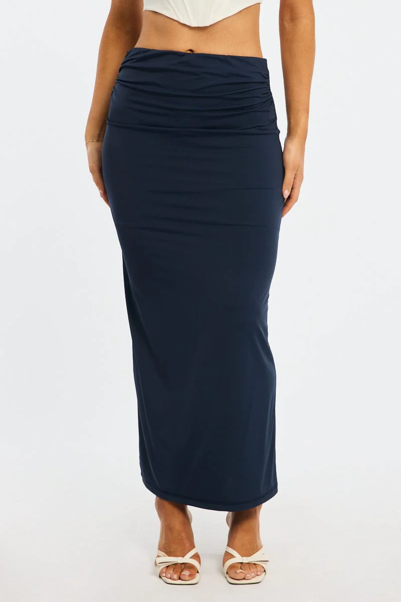 Blue Ruched Maxi Skirt Elastic Waist - Image 2