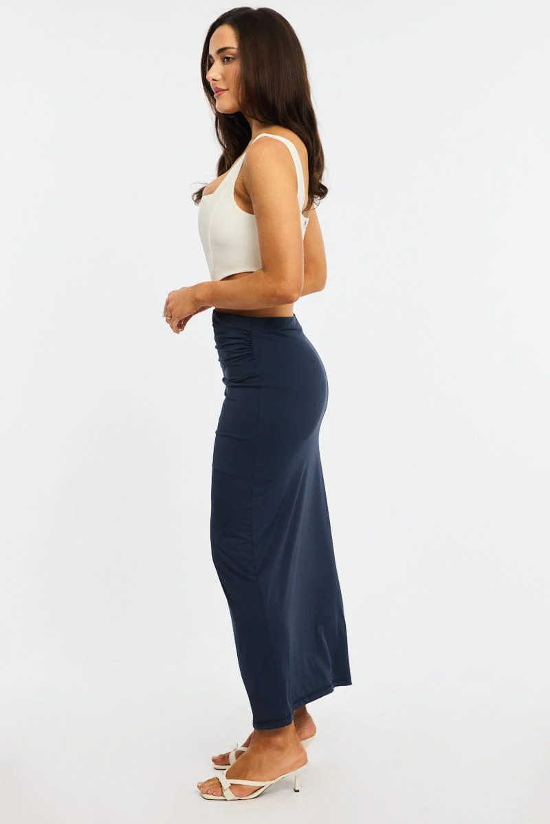 Blue Ruched Maxi Skirt Elastic Waist - Image 3