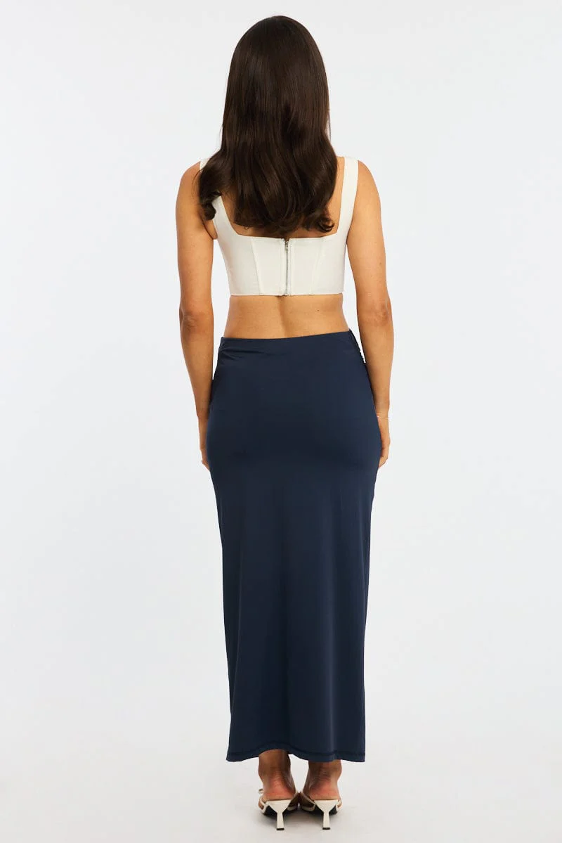 Blue Ruched Maxi Skirt Elastic Waist - Image 4