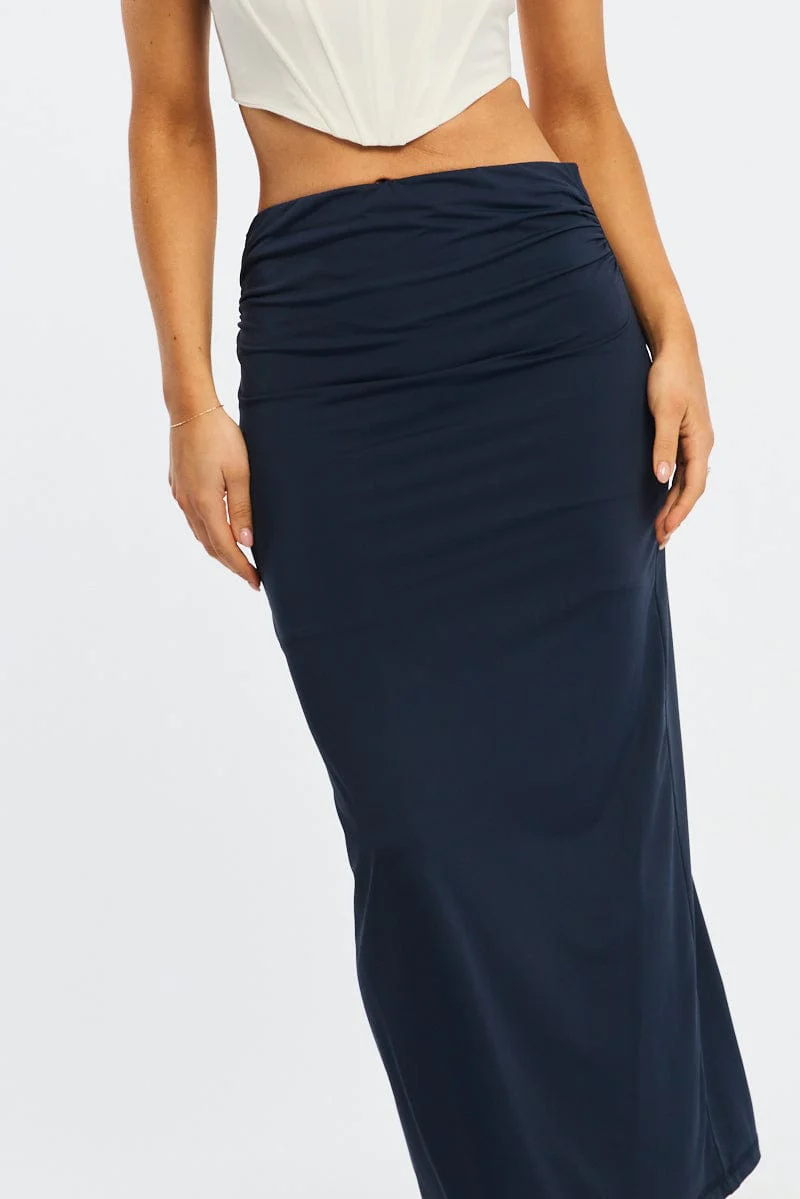 Blue Ruched Maxi Skirt Elastic Waist - Image 5